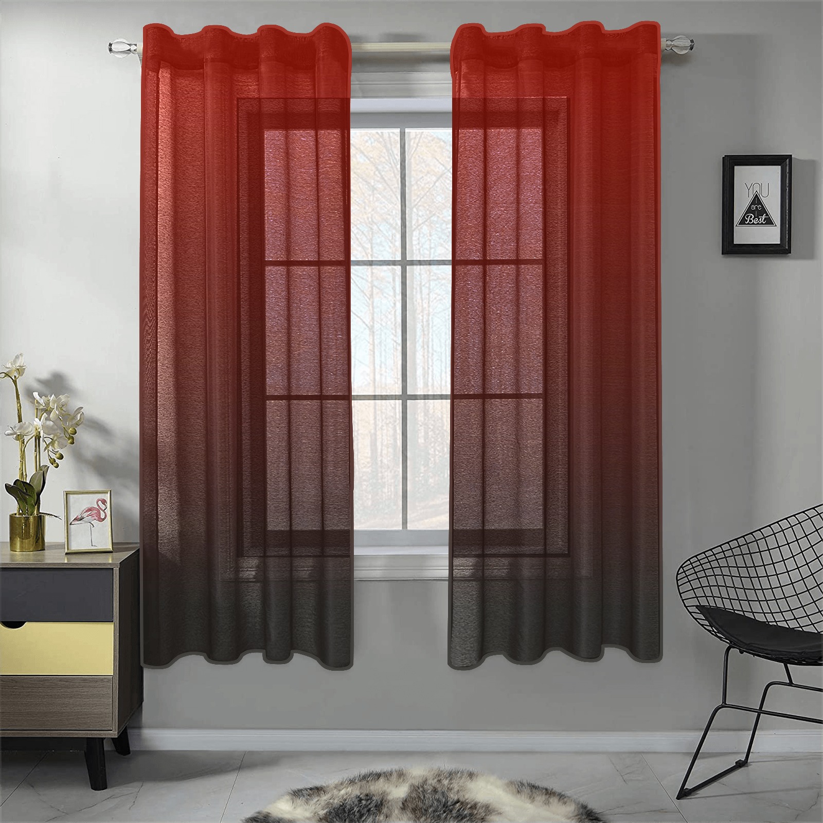 gradiant-pattern dark red Gauze Curtain 28"x63" (Two-Piece)