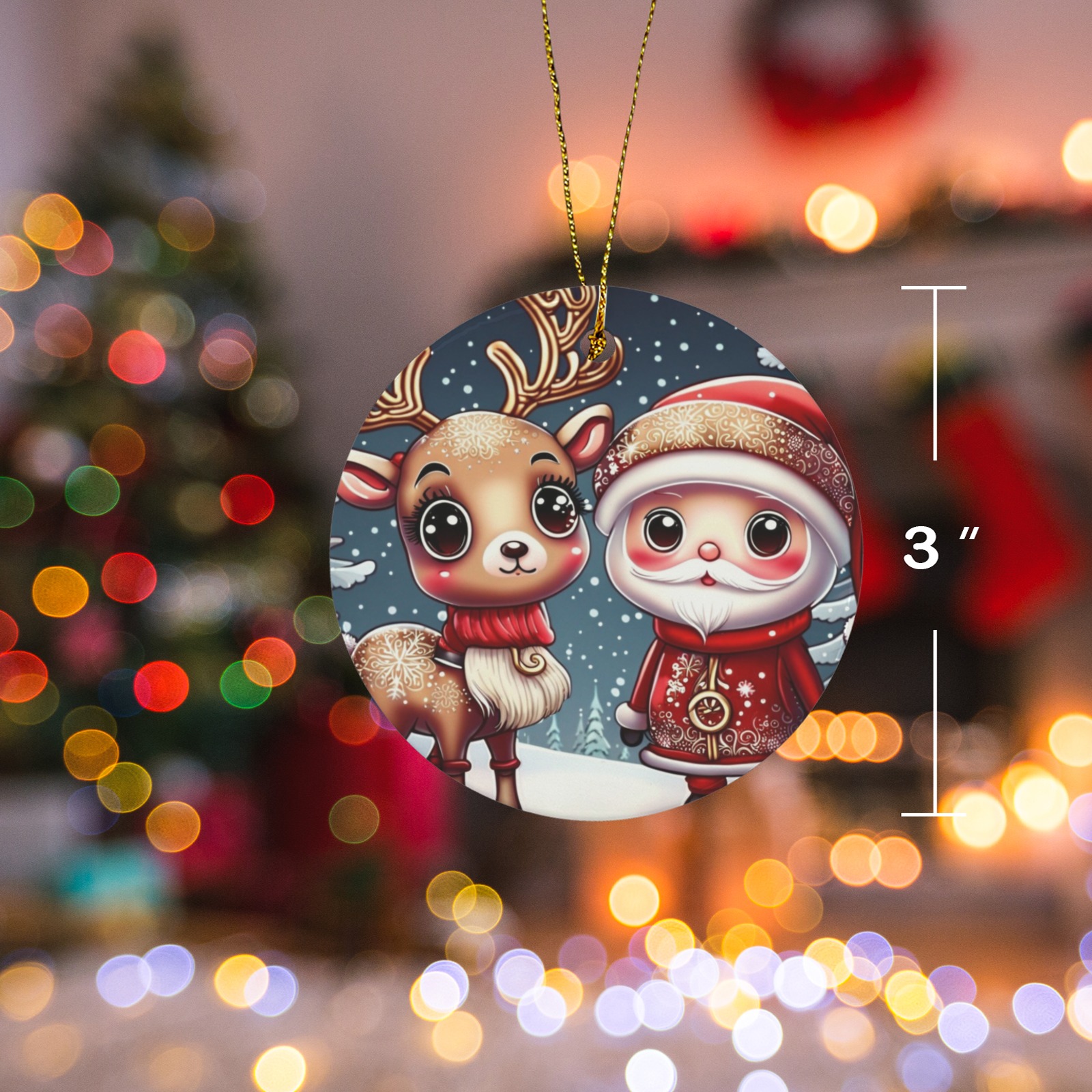 Santa and Reindeer 3 inch Round Ceramic Ornament