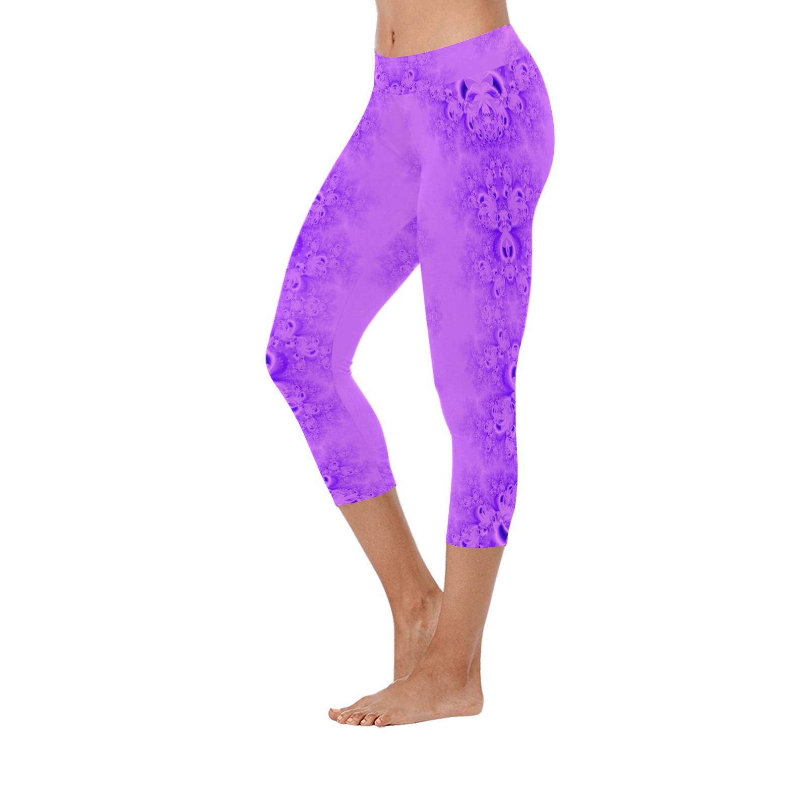 Purple Lilacs Frost Fractal Women's Low Rise Capri Leggings (Invisible Stitch) (Model L08)