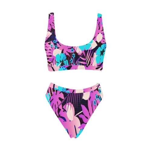 GROOVY FUNK THING FLORAL PURPLE Sport Top & High-Waisted Bikini Swimsuit (Model S07)