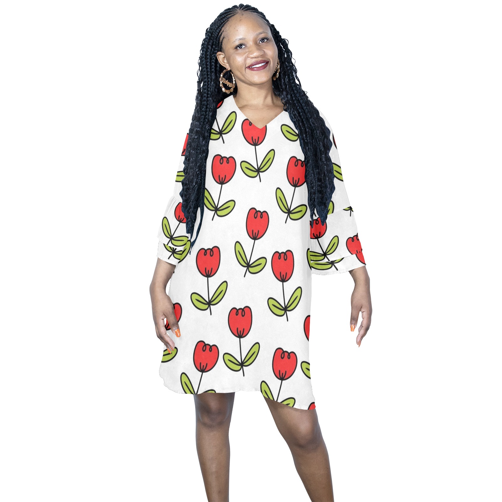 Flowers Half Sleeves V-Neck Mini Dress (Model D63)