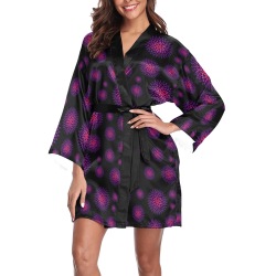 Ô Pink and Violet Zinnia Scatter on Black Long Sleeve Kimono Robe