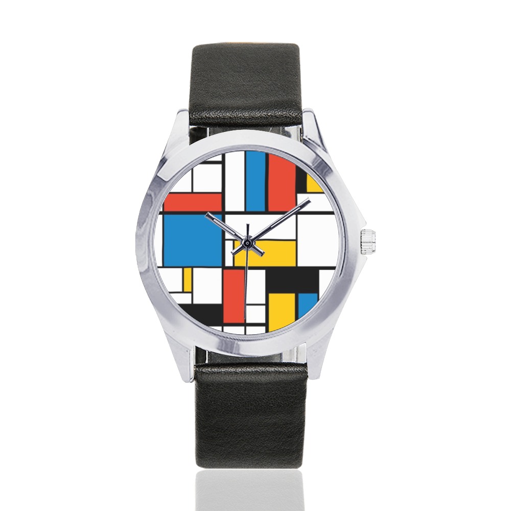 Mondrian De Stijl Modern Unisex Silver-Tone Round Leather Watch (Model 216)