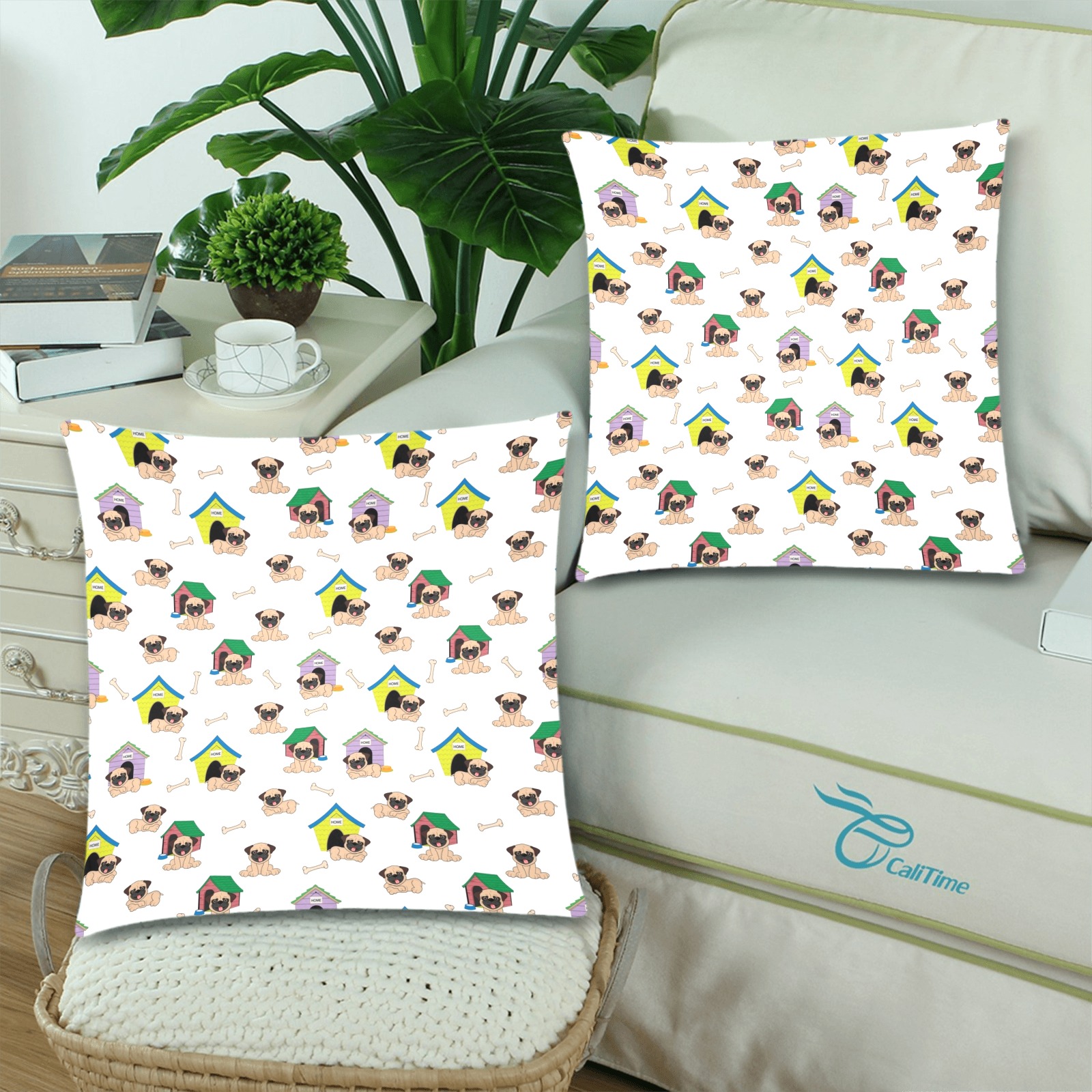 Pugs and Dog Houses Custom Zippered Pillow Cases 18"x 18" (Twin Sides) (Set of 2)