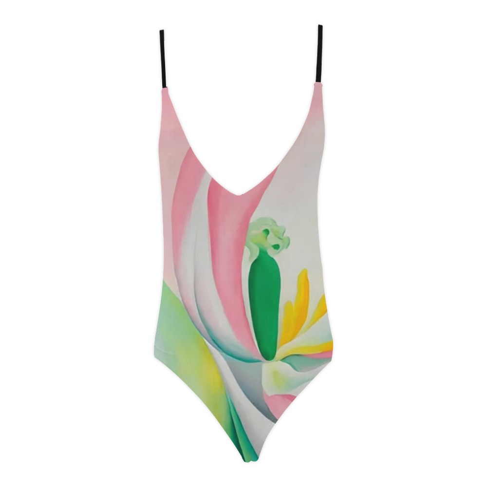 Georgia O'Keeffe - Pink Tulipe Sexy Lacing Backless One-Piece Swimsuit (Model S10)