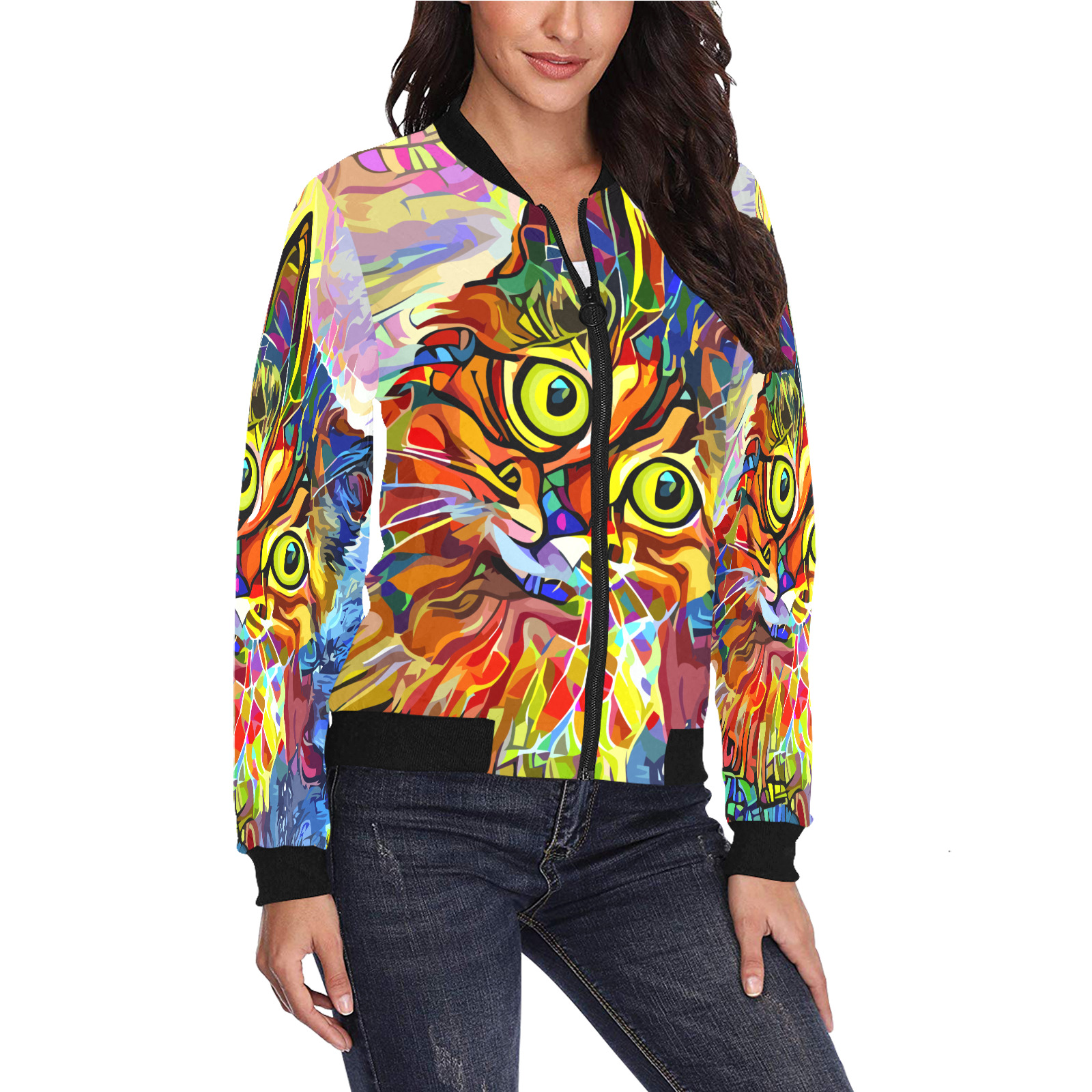 Abstract Cat Face Artistic Pet Portrait Painting All Over Print Bomber Jacket for Women (Model H36)