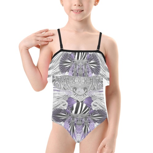 zebra butterfly5 Kids' Spaghetti Strap Ruffle Swimsuit (Model S26)