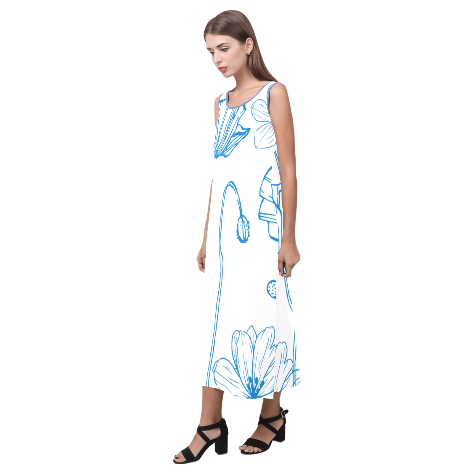Blue Poppies Long Tank Dress White Phaedra Sleeveless Open Fork Long Dress (Model D08)