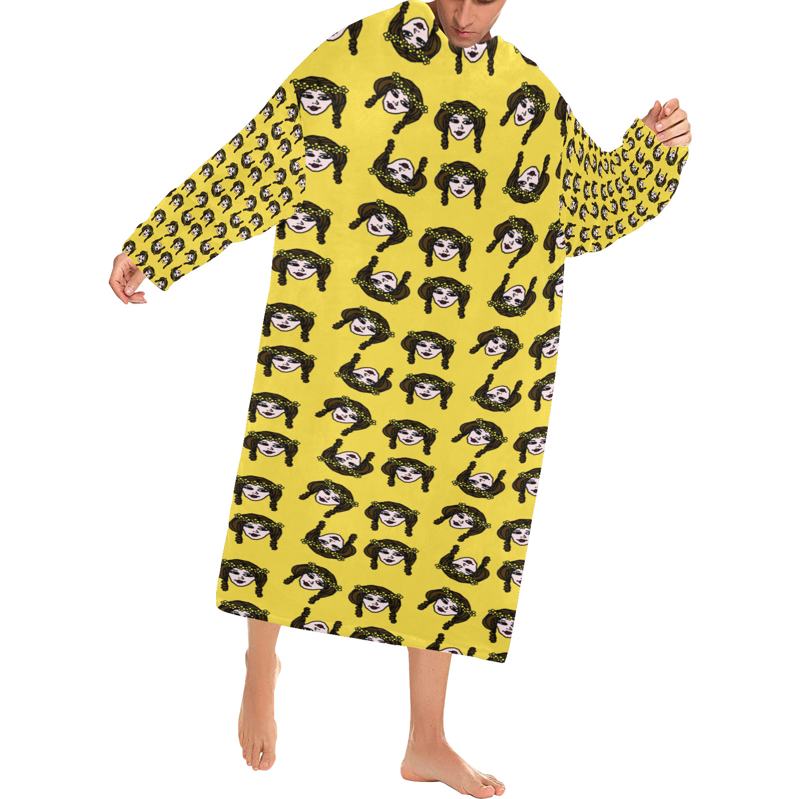 retro girl daisy chain pattern yellow Blanket Robe with Sleeves for Adults