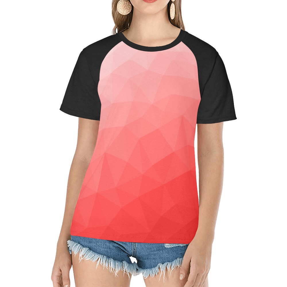 Red gradient geometric mesh pattern Women's Raglan T-Shirt/Front Printing (Model T62)