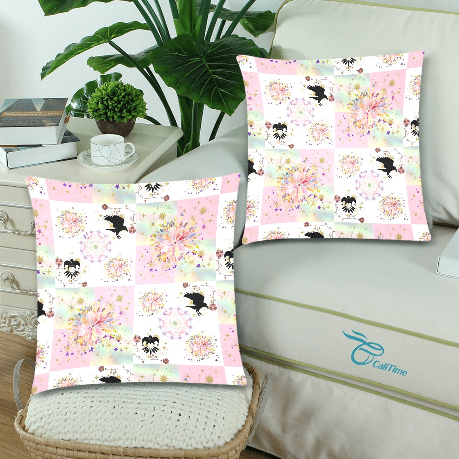 Secret Garden With Harlequin and Crow Patch Artwork Custom Zippered Pillow Cases 18"x 18" (Twin Sides) (Set of 2)