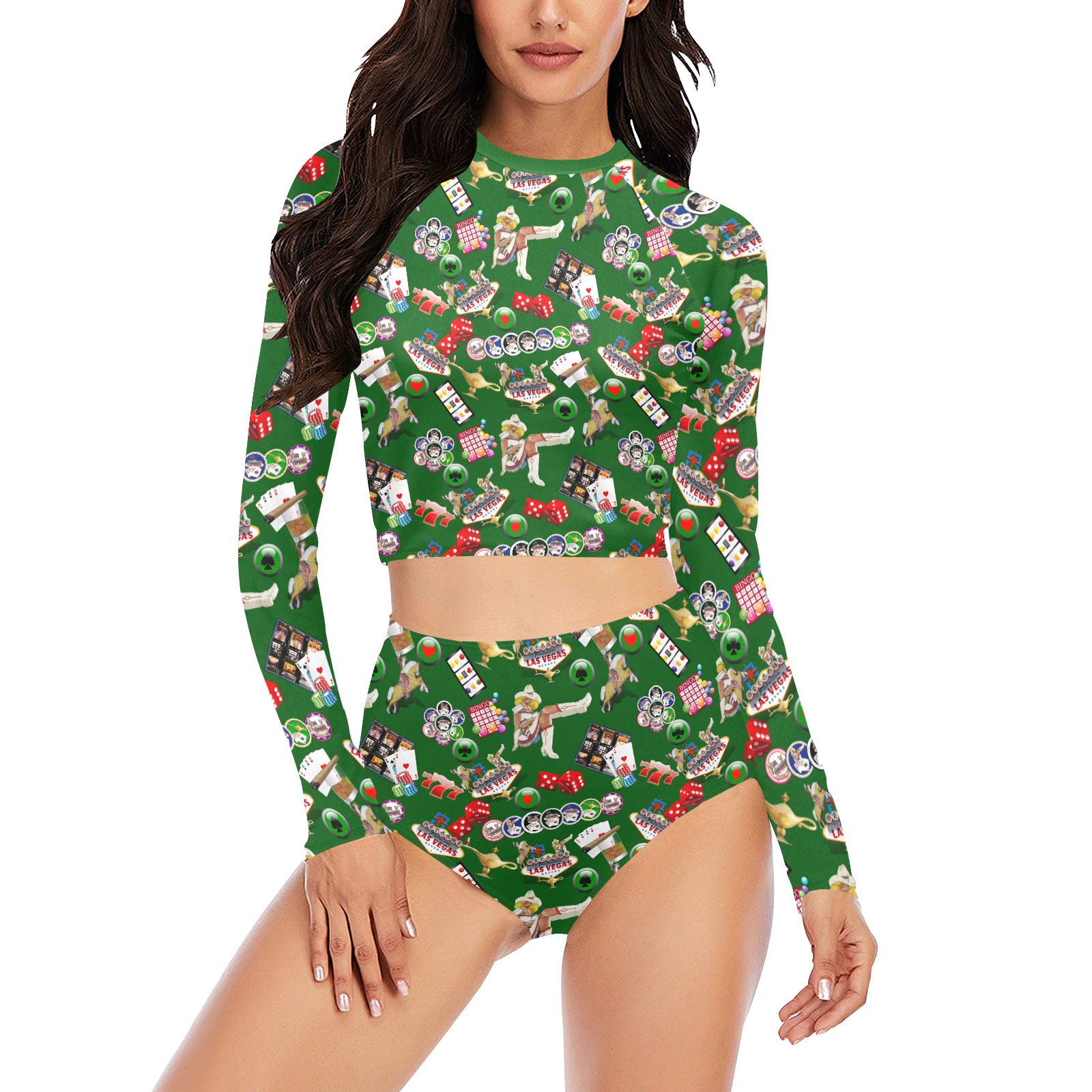 Las Vegas Icons Gamblers Delight / Green Long Sleeve Bikini Set (Model S27)