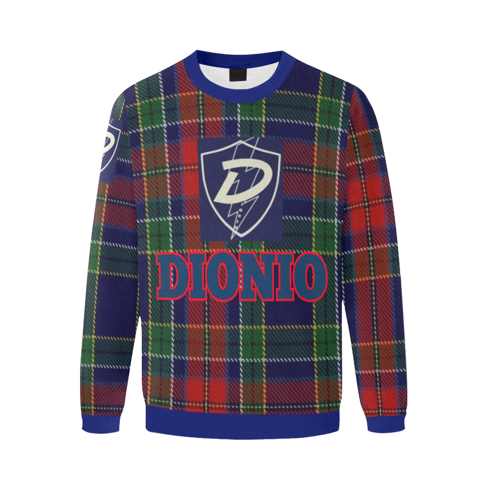 DIONIO Clothing - Blue, Red & Green Plaid Sweatshirt # 5 (Blue D Shield Logo) Men's Oversized Fleece Crew Sweatshirt (Model H18)