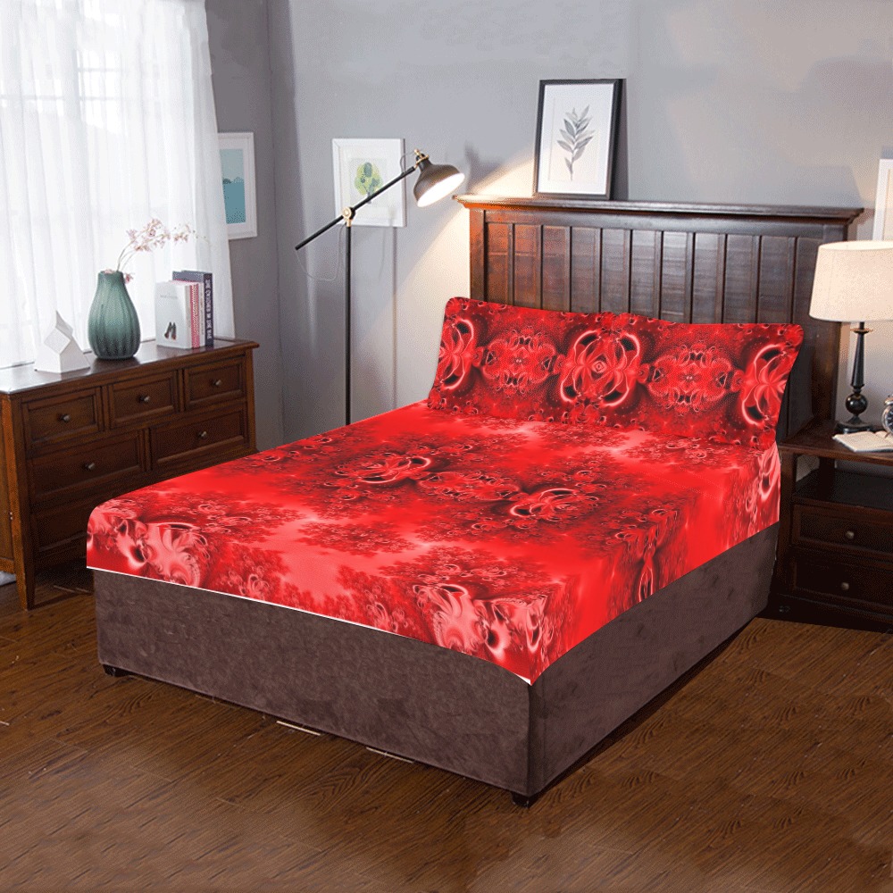 Fiery Red Rose Garden Frost Fractal 3-Piece Bedding Set