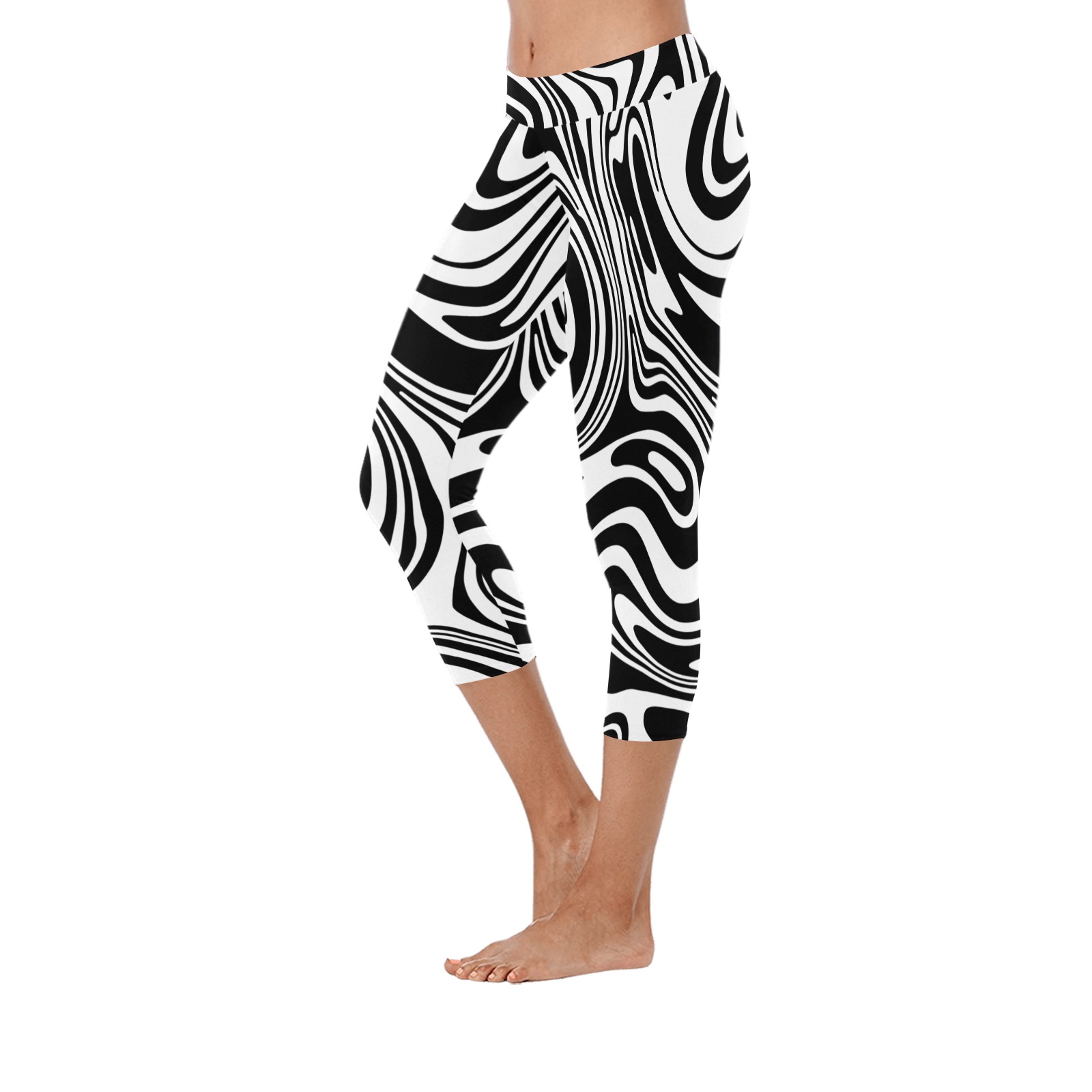 Black and White Marble Women's Low Rise Capri Leggings (Invisible Stitch) (Model L08)