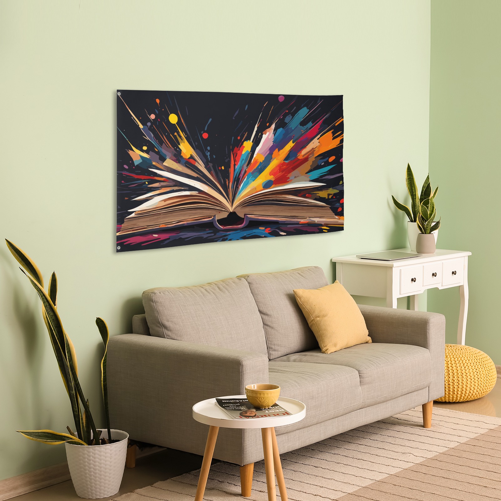 Colorful fantasy erupts from the open book art House Flag 56"x34.5"