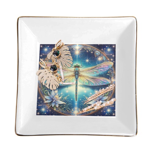 Dragonfly Sparkle Square Jewelry Tray with Golden Edge