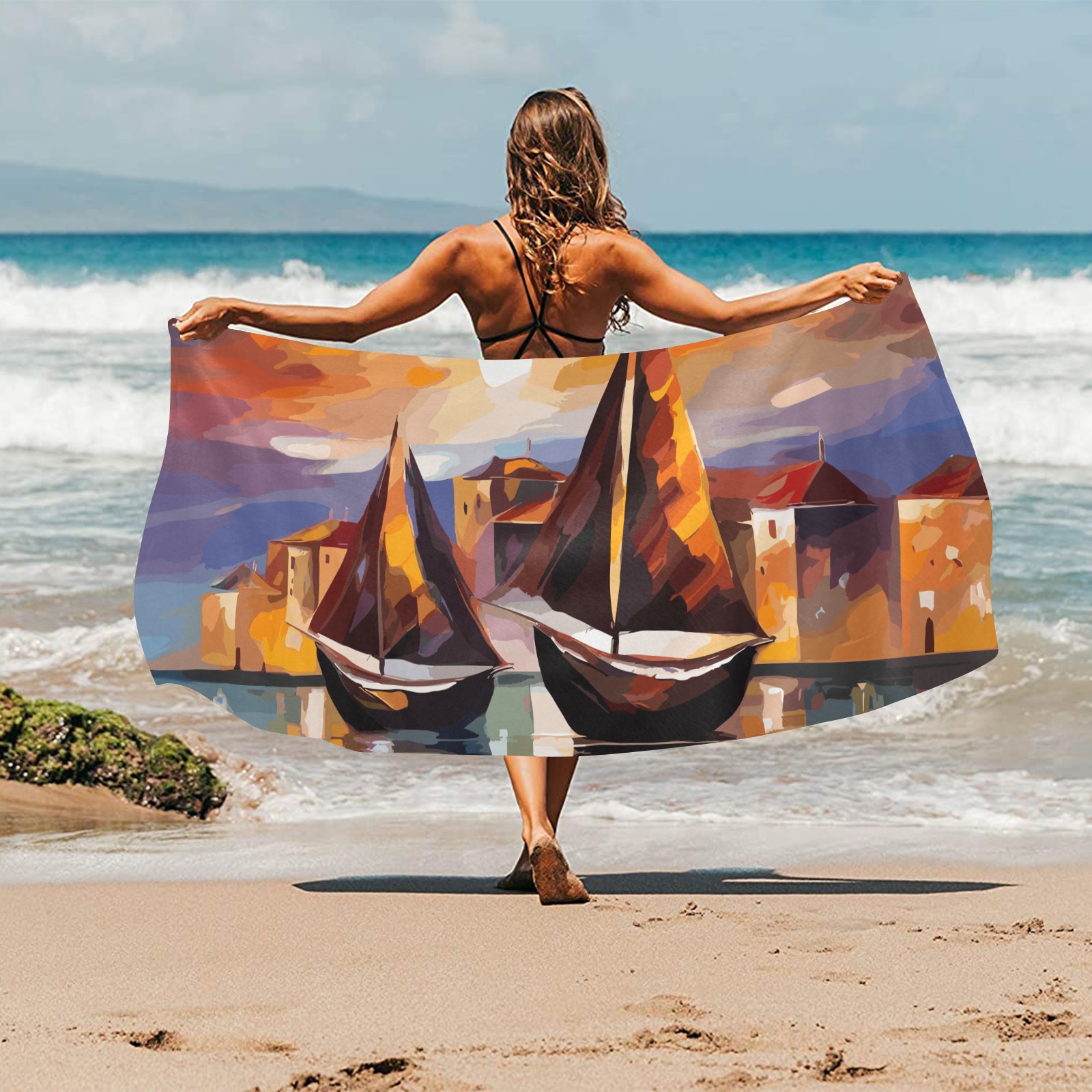 Two sailboats and a fantasy sity in the evening. Beach Towel 32"x 71"