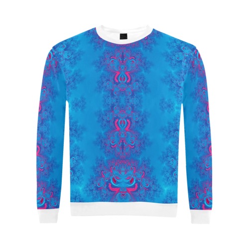 Blue Flowers on the Ocean Frost Fractal All Over Print Crewneck Sweatshirt for Men (Model H18)