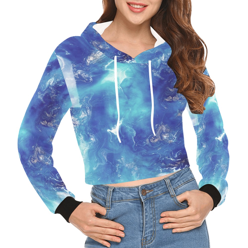 Encre Bleu Photo All Over Print Crop Hoodie for Women (Model H22)