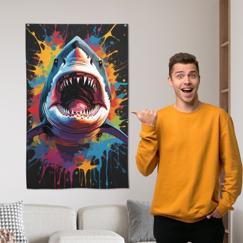 Shark attacks. Chic colorful fantasy art on dark House Flag 34.5"x56"