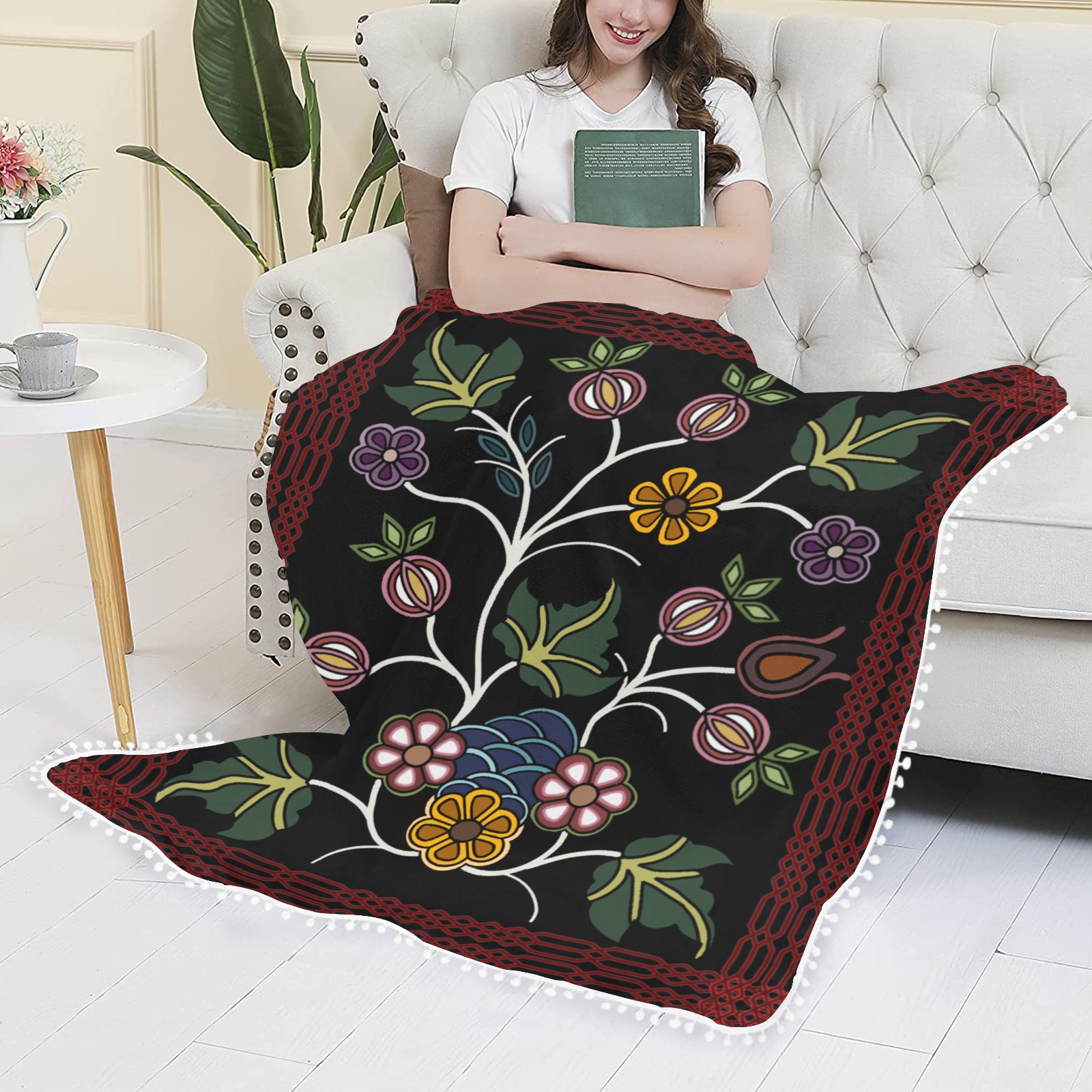 ojibwe floral Pom Pom Fringe Blanket 60"x80"