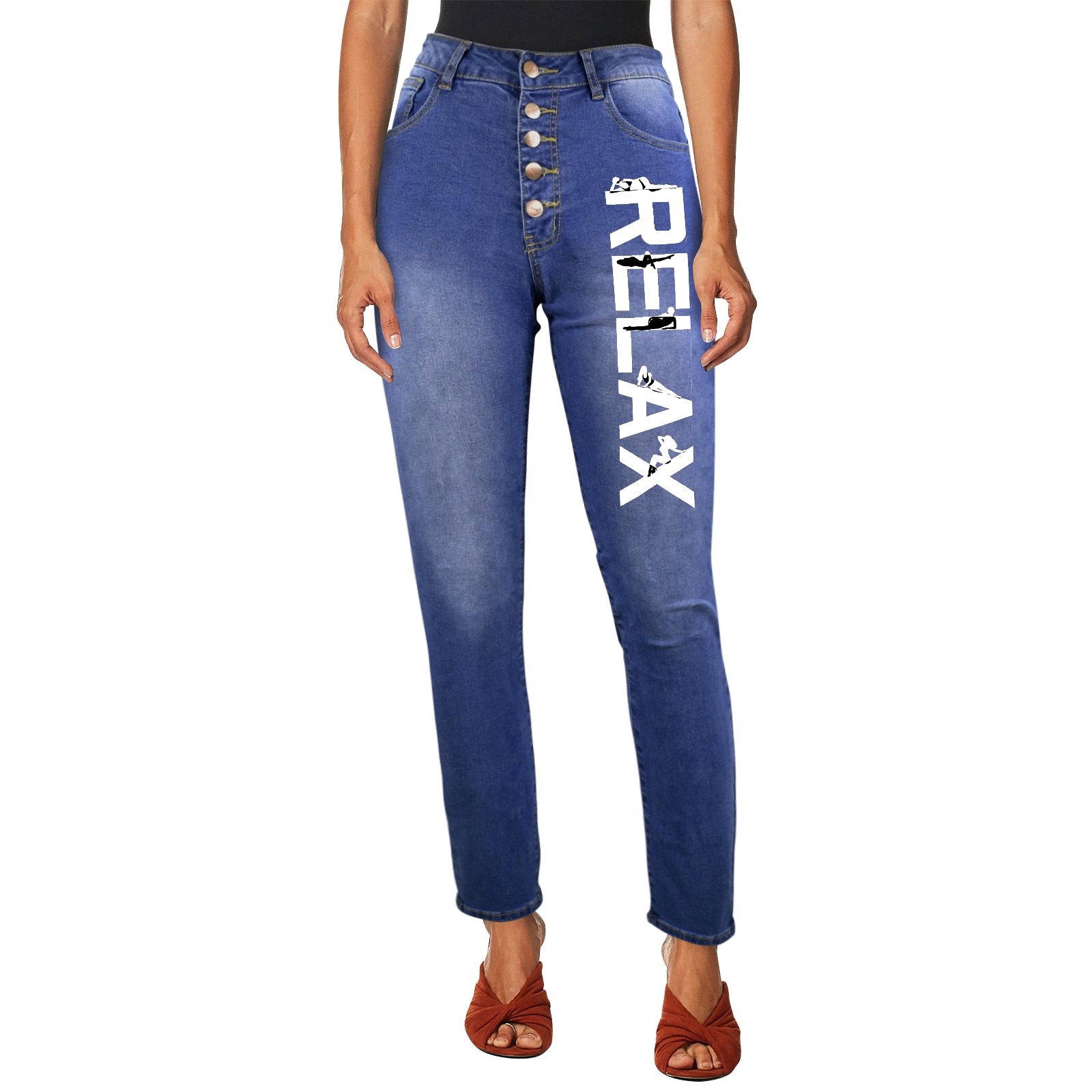 Relax white text and silhouettes of relaxing women Women's Jeans (Front Printing)