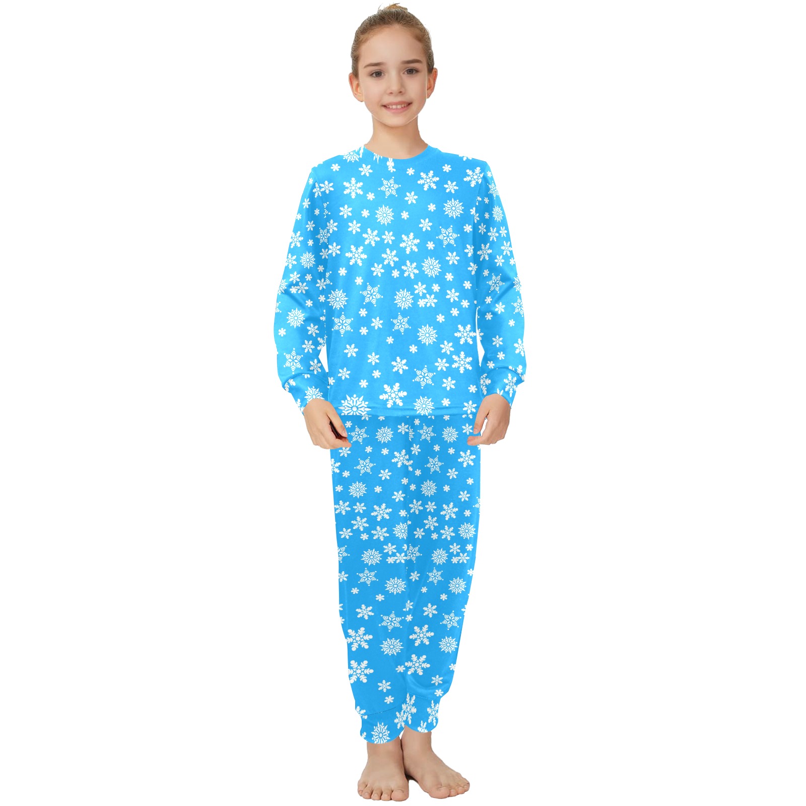 Christmas White Snowflakes on Light Blue Big Girls' Crew Neck Long Pajama Set