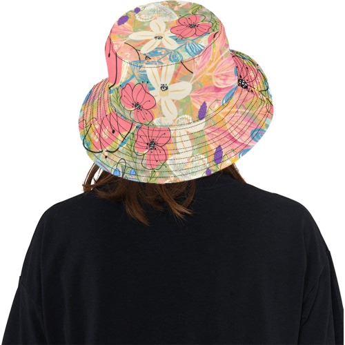 Pink Poppies Blue Bells Bucket Hats Unisex Summer Bucket Hat