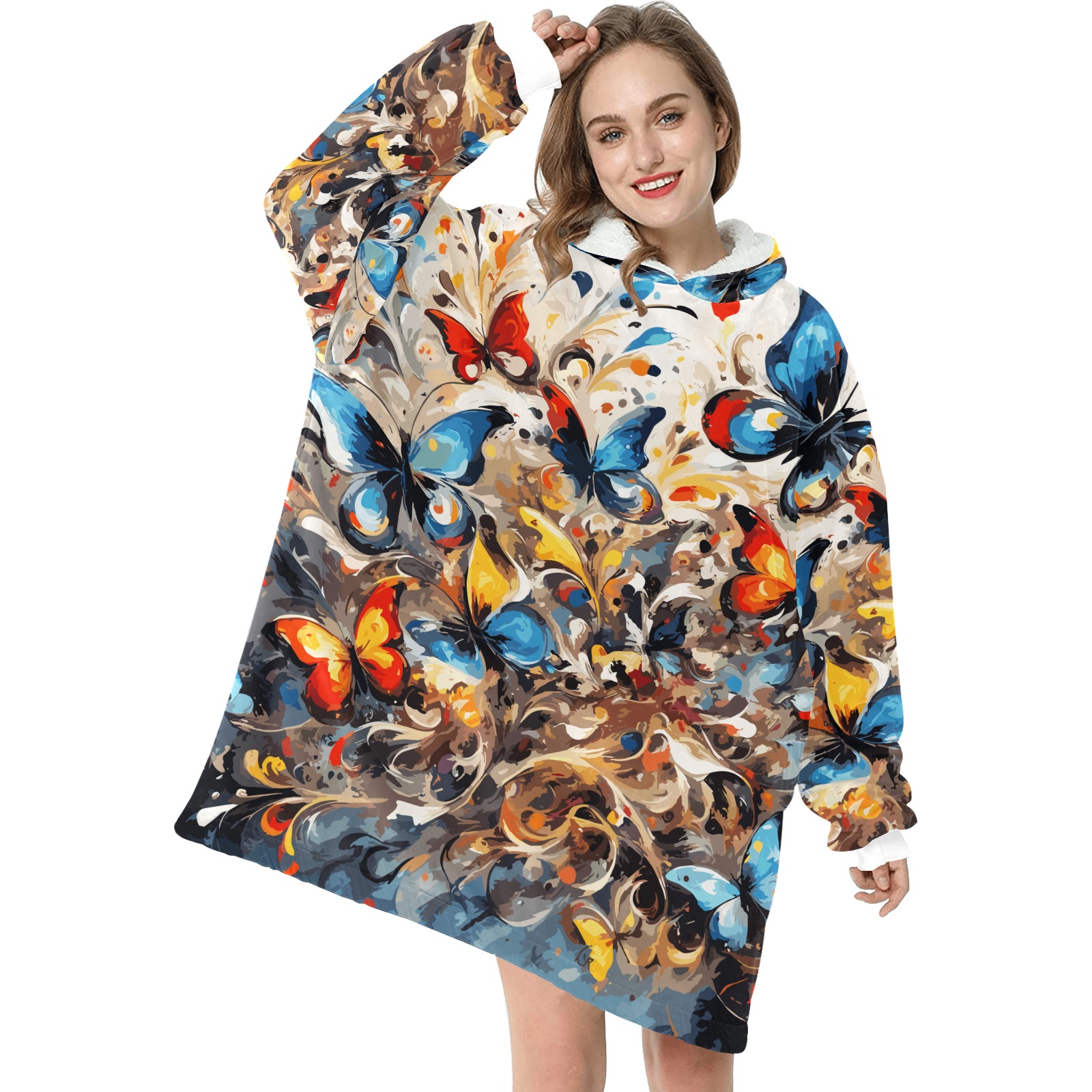Colorful fantasy of blue and red butterflies Blanket Hoodie for Women