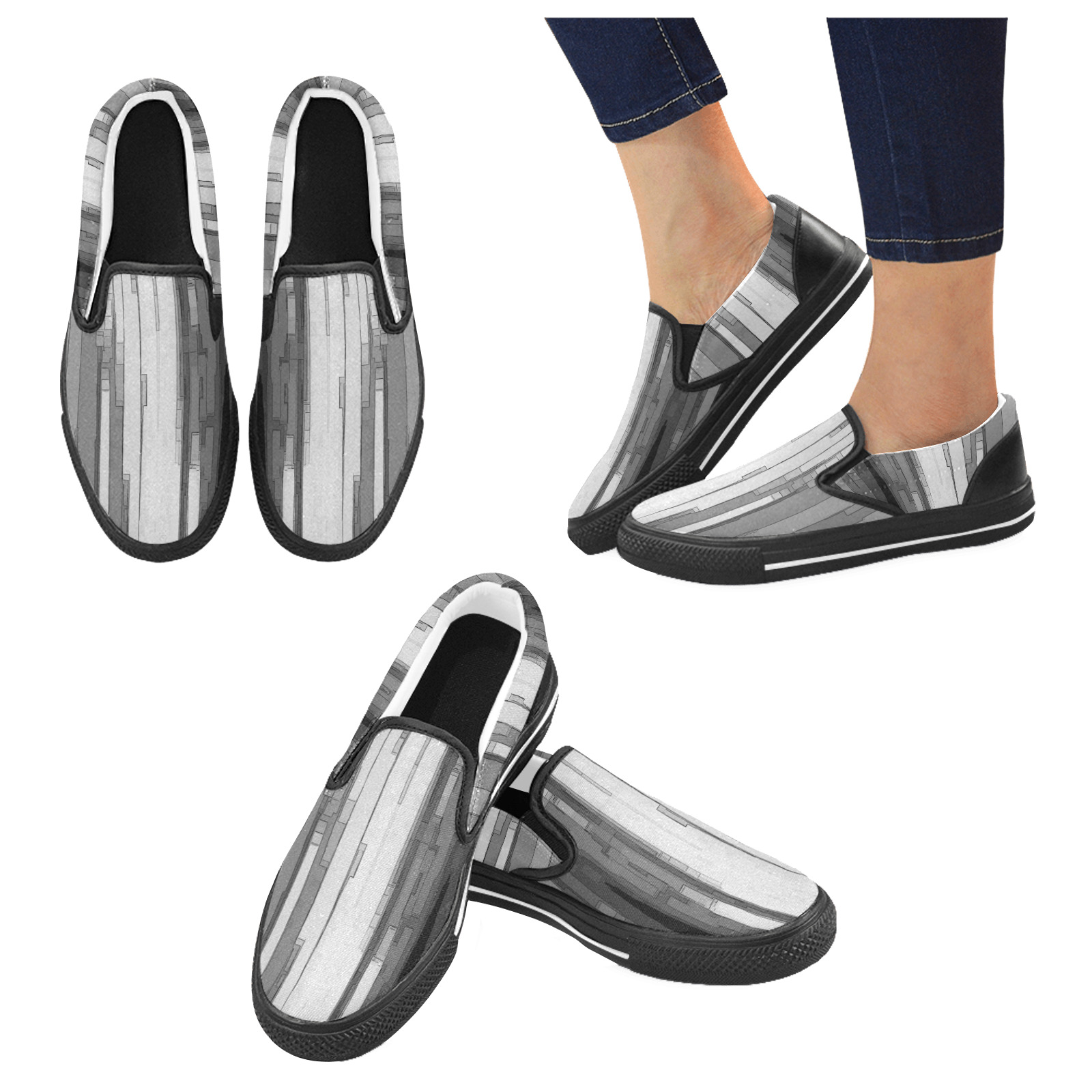 Greyscale Abstract B&W Art Slip-on Canvas Shoes for Kid (Model 019)