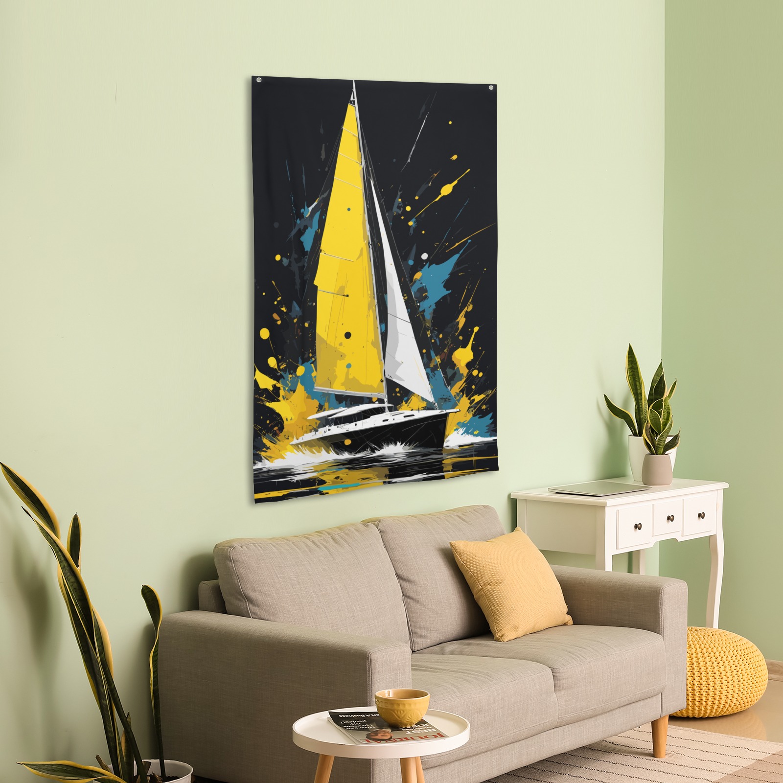 Fantasy sail boat. Yellow, turquoise, white, black House Flag 34.5"x56"