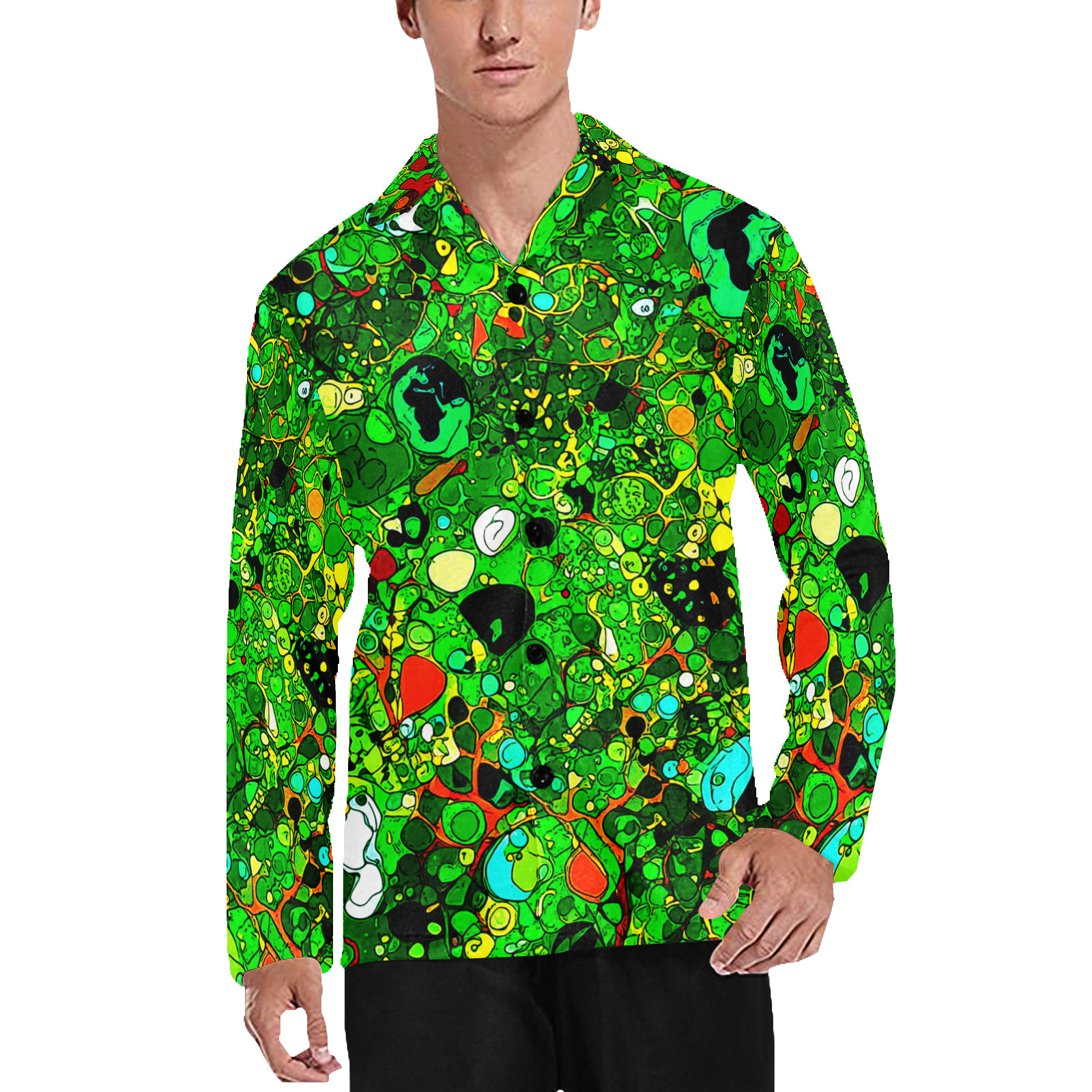 Green Abstract Art 409 Men's V-Neck Long Pajama Top