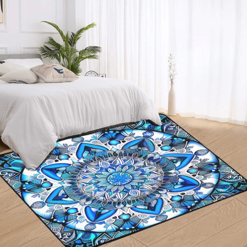 intricate pattern, white and blue Area Rug with Black Binding 7'x5'
