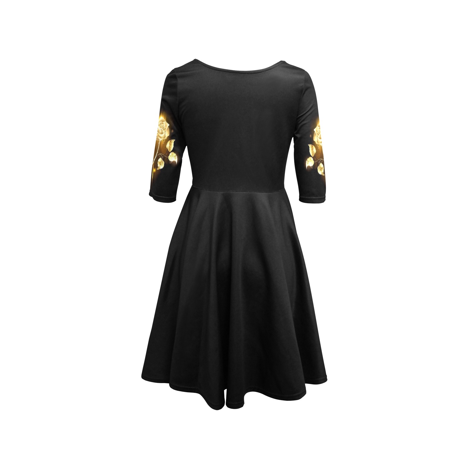 Shiny Golden Rose Pattern Half Sleeve Skater Dress (Model D61)