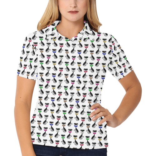Black Cats Wearing Bow Ties Women's All Over Print Polo Shirt (Model T55)