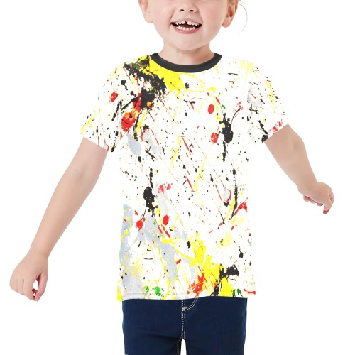 Yellow & Black Paint Splatter Little Girls' All Over Print Crew Neck T-Shirt (Model T40-2)