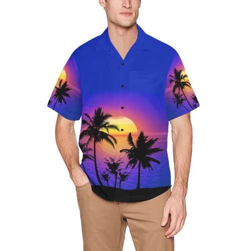 Tropical Sunset Palm Trees Hawaiian Shirt with Chest Pocket&Merged Design (T58)