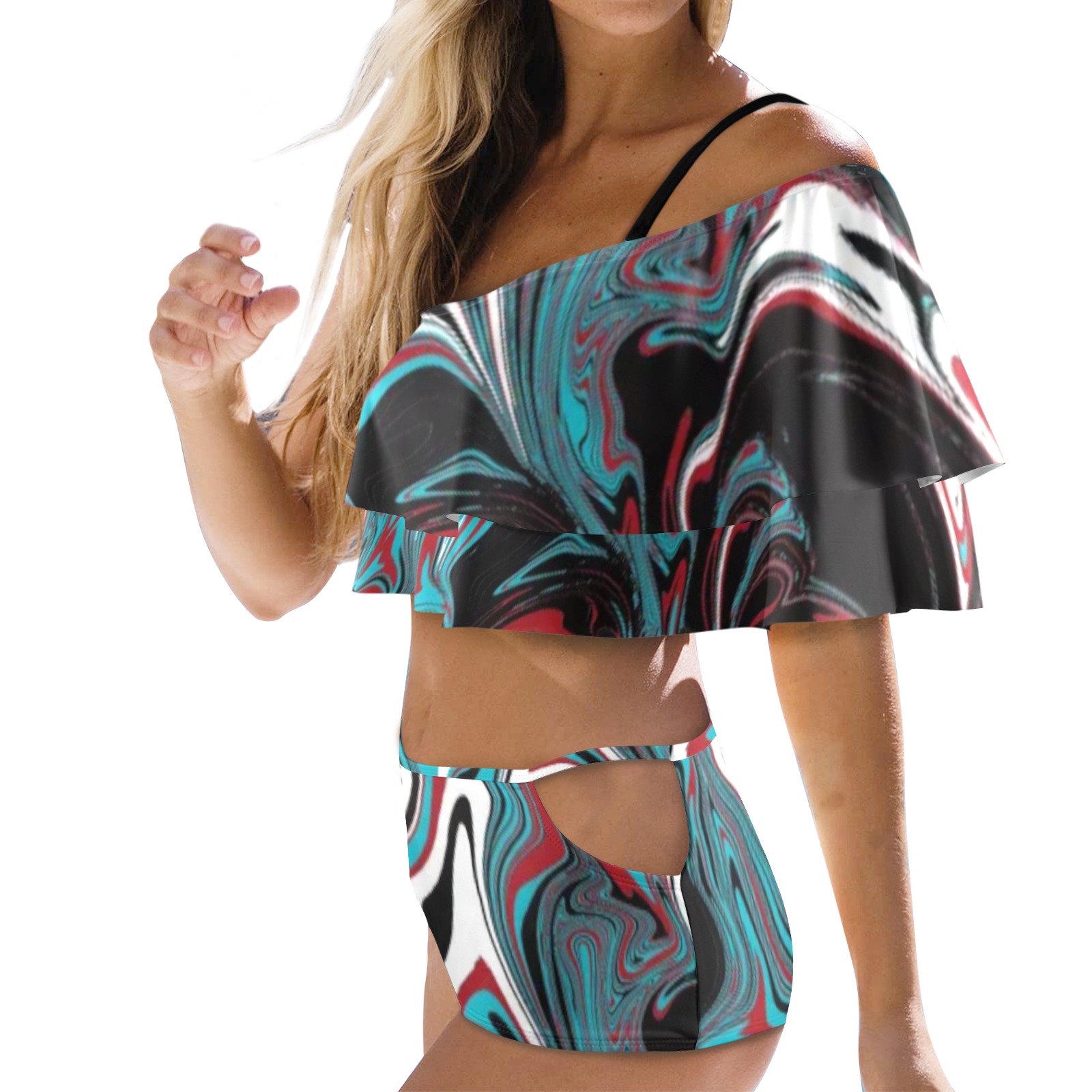 Dark Wave of Colors Women's Ruffle Off Shoulder Bikini Swimsuit (Model S45)