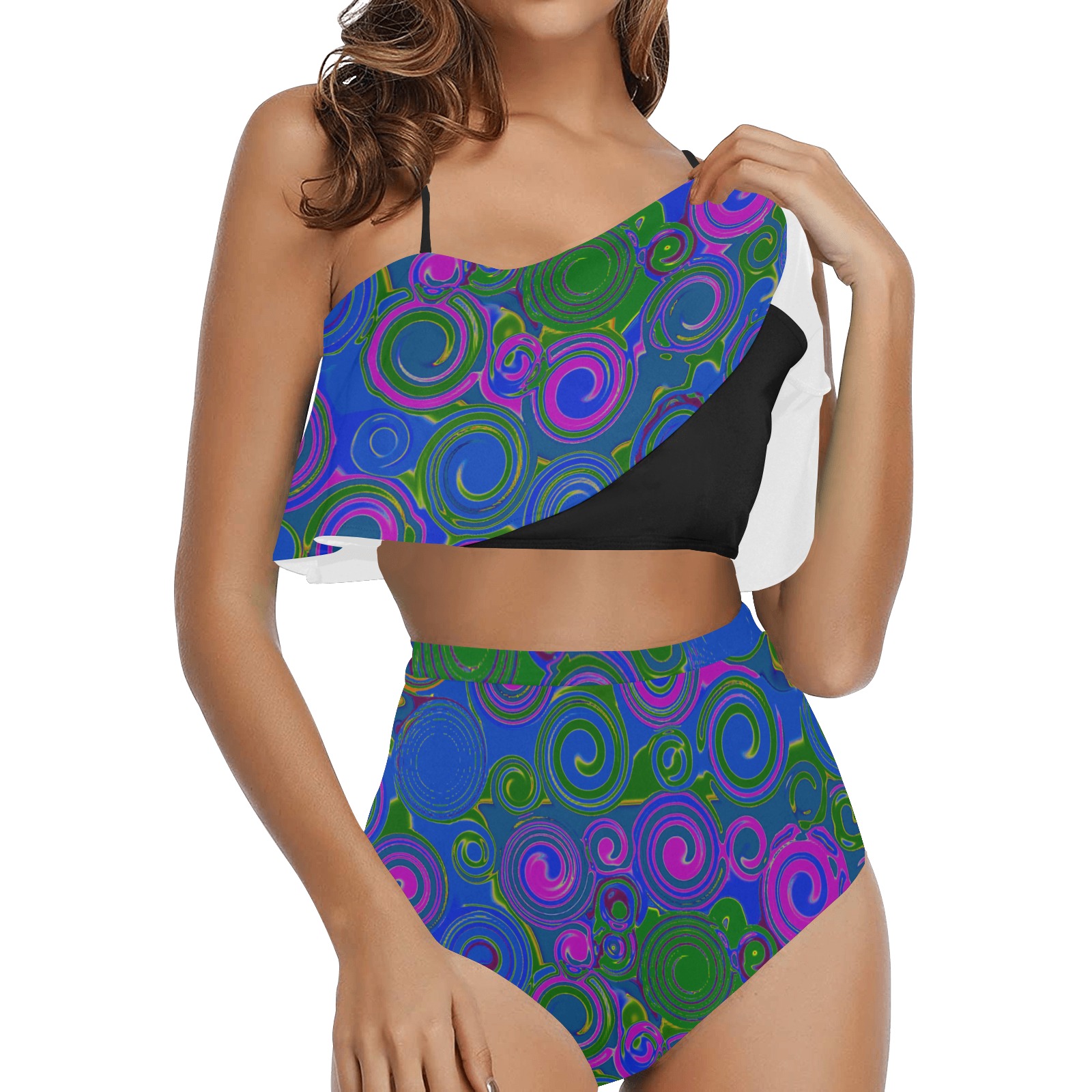 swirls blu II High Waisted Ruffle Bikini Set (Model S13)