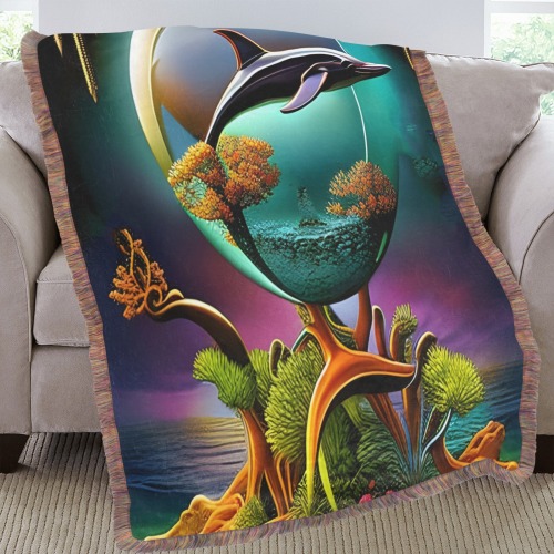 Out Of This World Spheres Dolphin Ultra-Soft Fringe Blanket 60"x80" (Mixed Green)