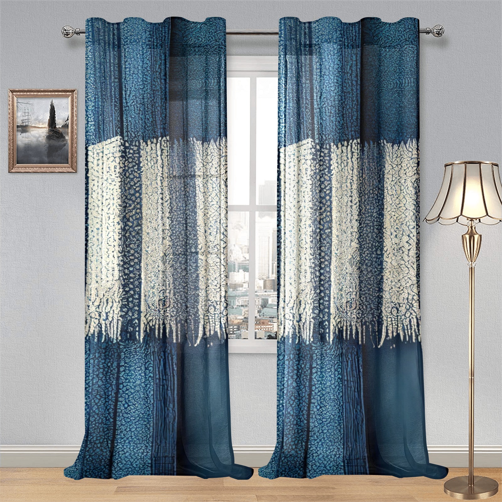 blue and white striped pattern 2 Gauze Curtain 28"x95" (Two-Piece)