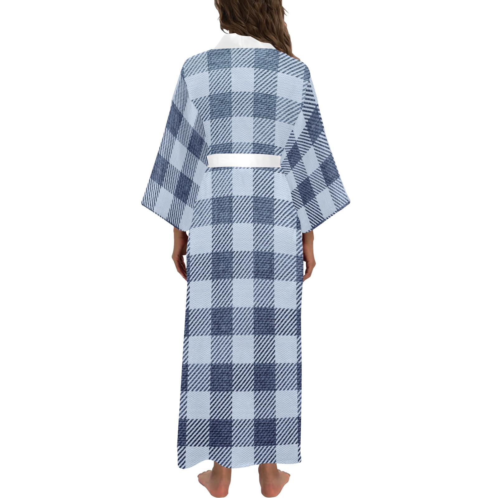 Pastel Blue Plaid Long Kimono Robe