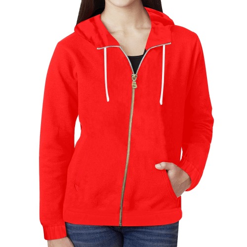 Merry Christmas Red Solid Color All Over Print Full Zip Hoodie for Women (Model H14)