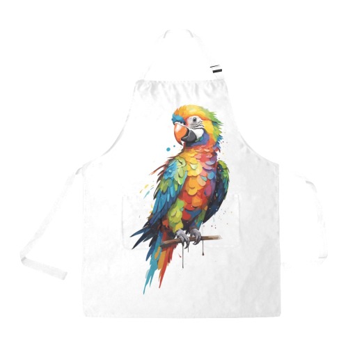 Funny colorful parrot bird sits on a tree branch. All Over Print Apron