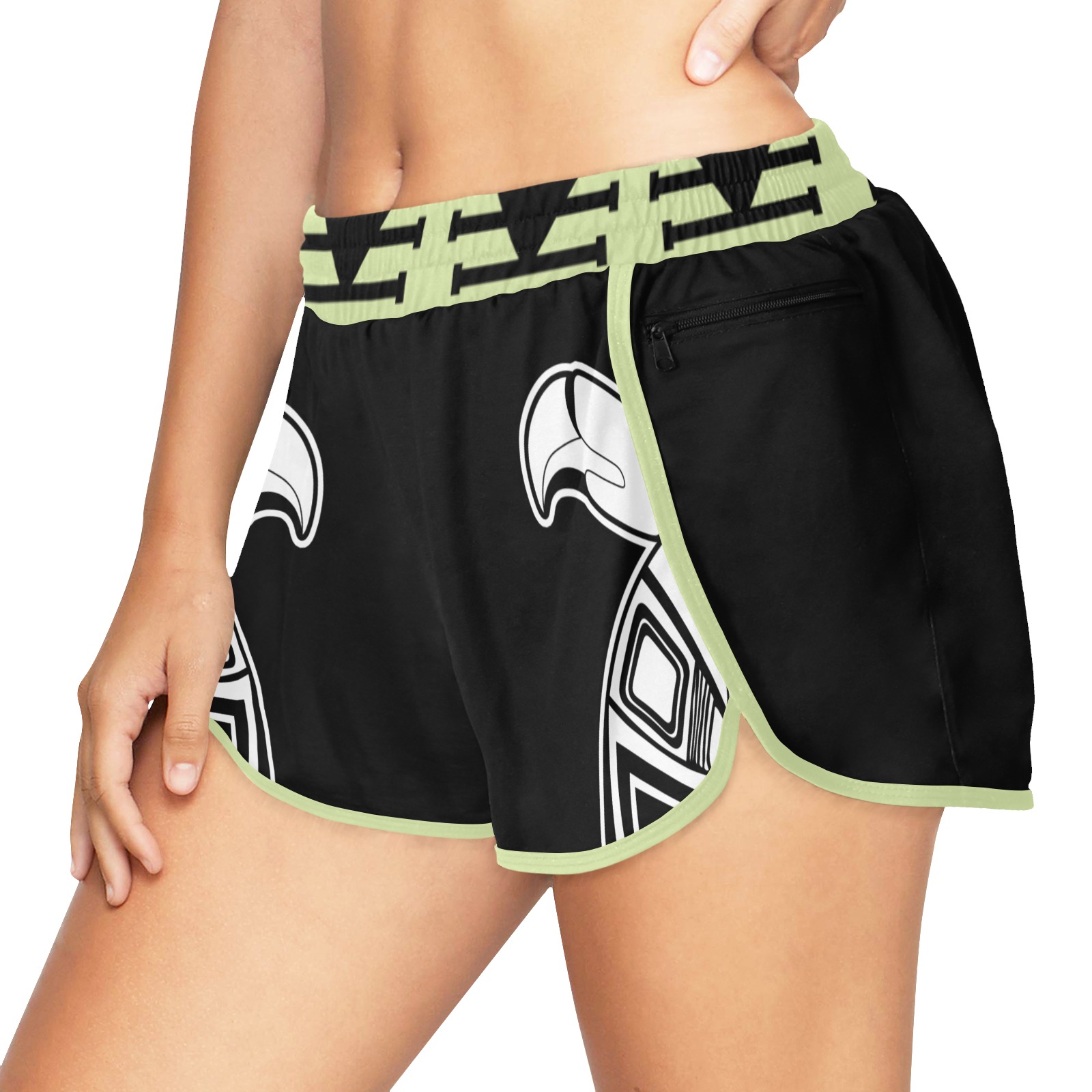 Tribal birds black white & green beige Women's Sports Shorts (Model L61)