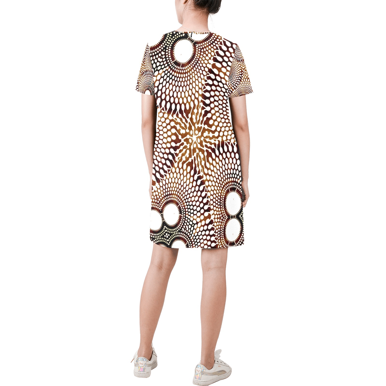 AFRICAN PRINT PATTERN 4 Short-Sleeve Round Neck A-Line Dress (Model D47)