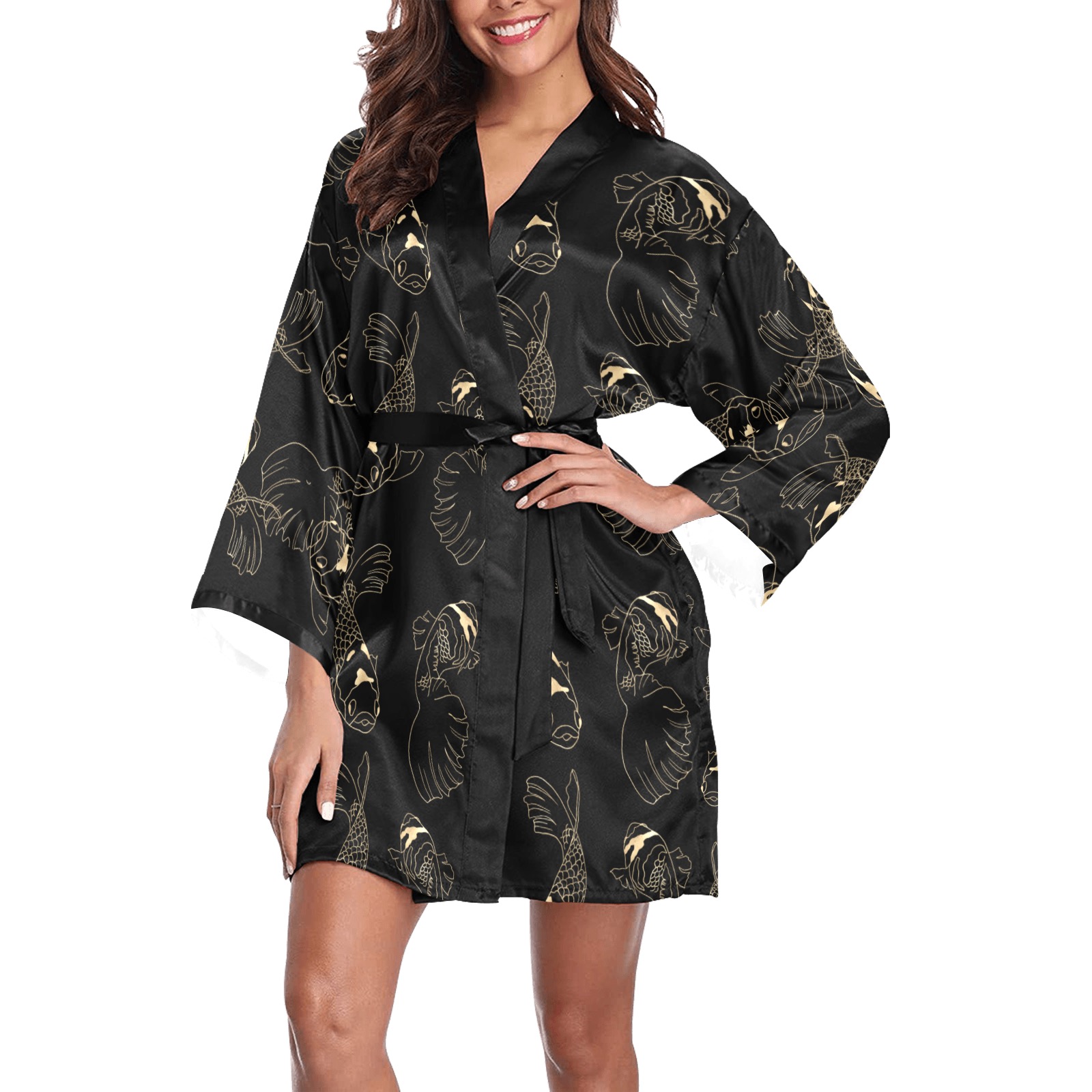 Golden Carp Pattern Long Sleeve Kimono Robe