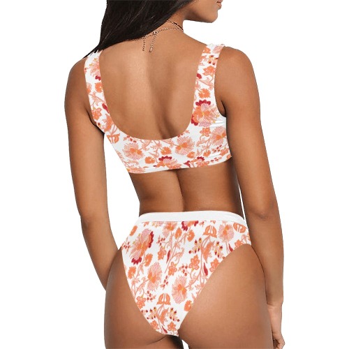Orange Flowers Sport Top & High-Waisted Bikini Swimsuit (Model S07)