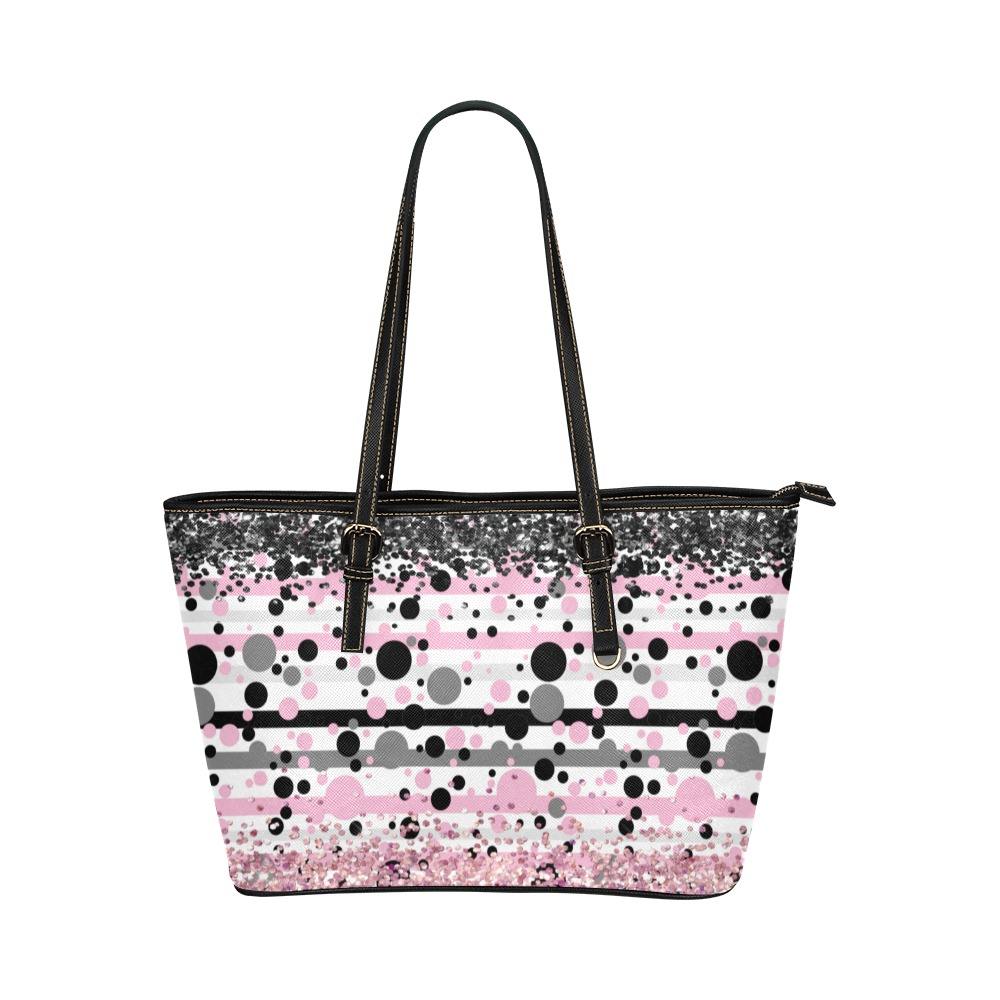 cotton candy silver pink black glitter tote bag Leather Tote Bag/Large (Model 1651)